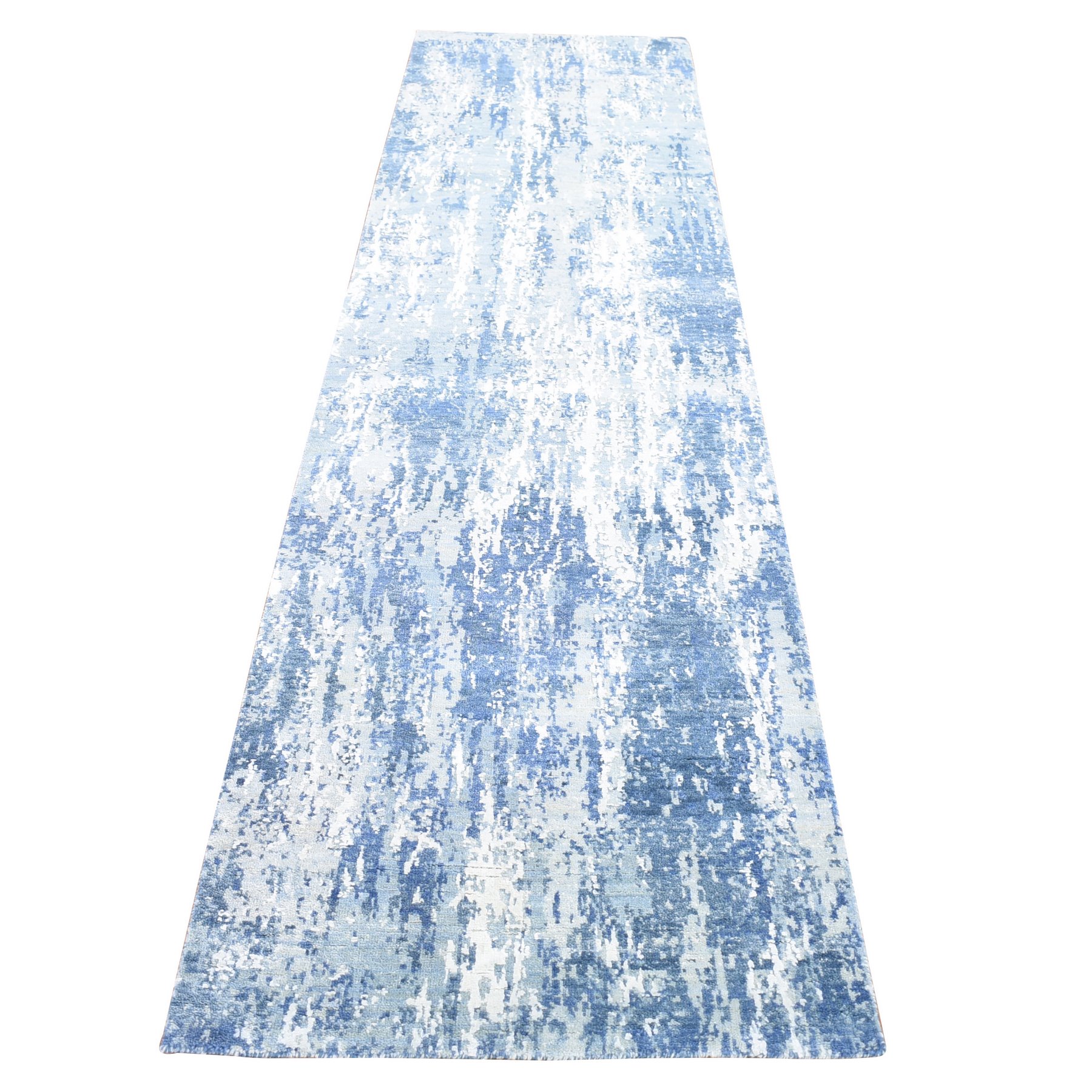 2'6"x10'1" Shades of Blue Hand Knotted Abstract Design Wool and Real Silk Runner Oriental Rug 